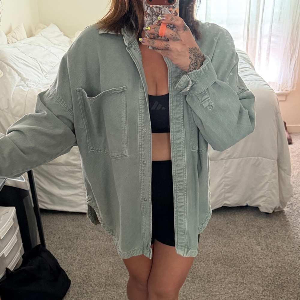 Zara Oversized Light Sage Green Denim Shacket - Picture 2 of 7